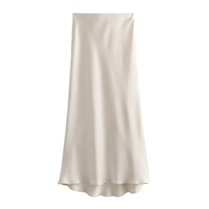 Elegant champagne satin midi skirt with premium silk-like gloss in a minimalist design