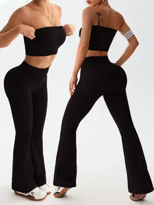Dual-view of black seamless high-waist flared yoga pants and tube top set for women