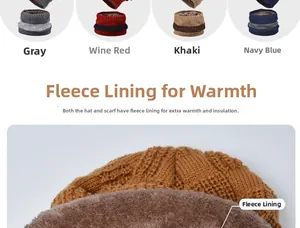 Close-up of thick brown fleece lining and four colors of knitted hat and scarf sets