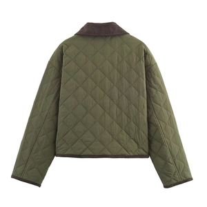Detail view of olive green quilted jacket back with brown corduroy collar and trim