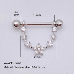 U-shaped stainless steel nipple ring with AAA zircon inlay and 19mm bar length