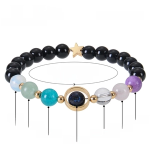 Blue Sandstone and Obsidian 12 Zodiac beaded bracelet with star charm and size details
