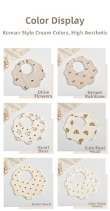 Close-up of 6-layer cotton gauze baby bibs in various petal-shaped floral patterns