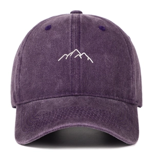 Detailed front view of washed cotton baseball cap with embroidered mountain peak design