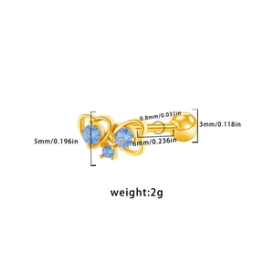 Detailed size measurement of golden butterfly ear stud with blue cubic zirconia stones