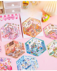 Detailed 3D miniature shop PET stickers showing isometric clothing and cafe scenes