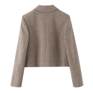 Back view of a classic plaid houndstooth blazer in brown grey and deep red tones