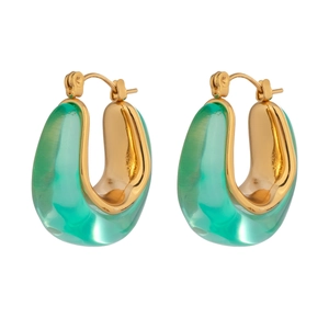 Detail of 18k gold U-shaped hoop earrings with translucent green resin coating
