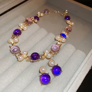 Collier Et Boucles D Oreilles De Palais Vintage Pierre Violette Rose Künstliche Perle D Imitation Alliage Avec Tige En Argent