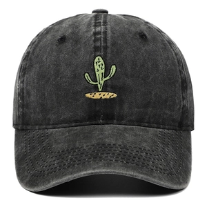Vintage washed black baseball cap with embroidered cactus on a minimalist front view