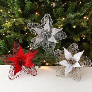 Artificial Christmas Flowers Poinsettia Glitter Mesh Fabric Floral Tree Decorations Holiday Wedding Party Ornament Sparkly