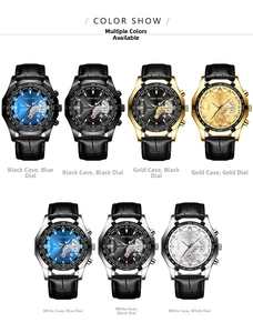 Detailed color show of chronograph watches with diverse leather straps and date dials