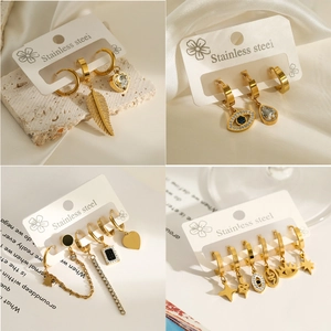 18K Vergoldeter Edelstahl Böser Blick Feder Ohrringe Set Für Damen Nischen-Design Mode Strass Kombination Schmuck