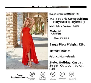 Detail view of red halter chiffon dress showing fabric texture and size specification chart