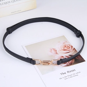 Minimalist black leather belt for women with elegant golden interlocking metal buckle