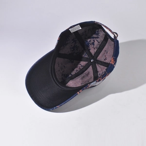Standard baseball cap with blue and orange marble pattern showing interior details and lining