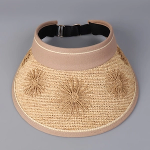Detailed top view of khaki straw sun visor with embroidered 3D raffia flowers