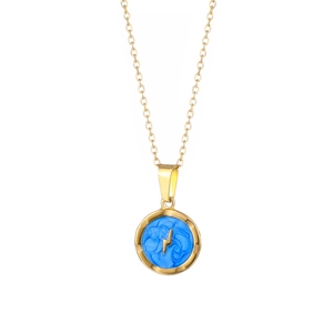 Golden lightning bolt circular pendant necklace with blue enamel texture for women