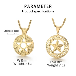 Detail of two gold-plated stainless steel hip-hop star pendants with twisted rope chains