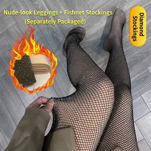 Detailed shot of sparkling rhinestone fishnet stockings paired with nude thermal leggings