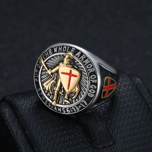 Men's gold-plated templar cross signet ring with red shield and scripture engraving