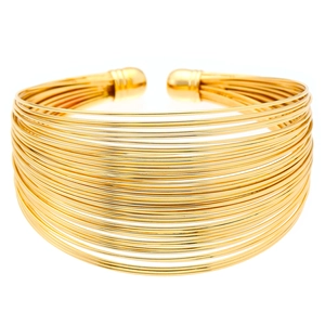 Wide layered gold metal open cuff bracelet with parallel wire design and spherical ends