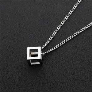 316L titanium steel geometric cube pendant necklace in silver for men hip hop fashion