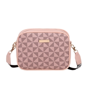 Pink rectangular crossbody bag with geometric brown patterns and gold metal logo
