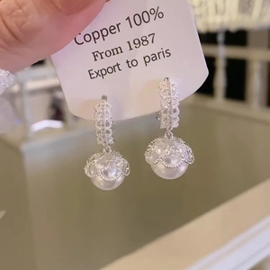 Elegant silver lace earrings with zircon details and large pearl drops for women