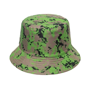 Macro detail of red digital camo bucket hat featuring reinforced stitching on the brim