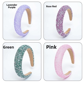 Detail showing four colors of sparkling crystal padded headbands for women hair accessories