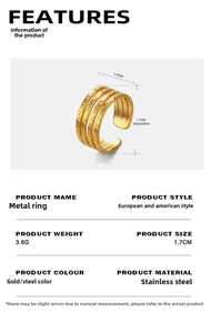 Detailed size specifications for the adjustable 18K gold-plated stainless steel ring