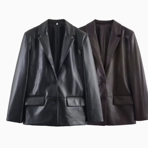Damen Kunstleder Blazer PU Reverskragen Langarm Lässige Büro Jacke Mit Pattentaschen