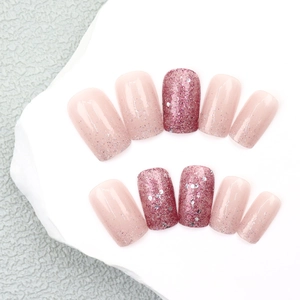 Press On Nägel Kunststoff Rosa Lila Glitzer Farbverlauf Französisch Kurz Quadratisch Glänzend Mit Kleber