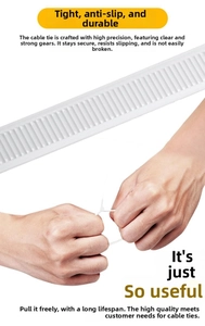Strong white nylon cable ties being pulled by hand to demonstrate tensile strength