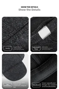 Detail view of winter flat cap showing adjustable strap, ear flaps and inner sweatband