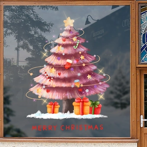 Adesivi natalizi rosa per finestre con albero e scatole regalo rosse per decorazione vetri