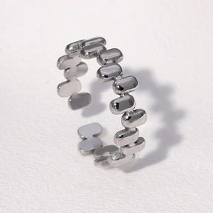 Polished silver stainless steel open ring with interlocking bead pattern design