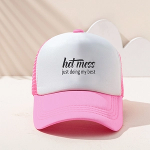 Pink and white trucker hat featuring a Hot Mess Just Doing My Best printed slogan