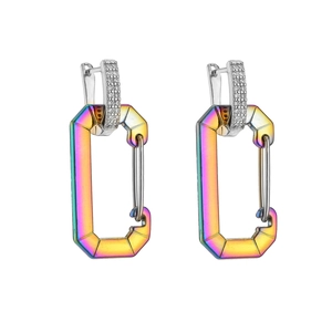Macro shot of iridescent rainbow carabiner earrings with sparkling white zircon stones