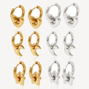 Polished stainless steel heart, moon, and star drop earrings in gold and silver finish