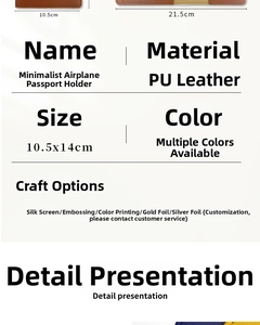 Detail specifications of PU leather passport holder showing size 10.5x14cm and texture