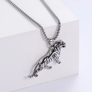 Gothic style tiger head pendant necklace in vintage silver stainless steel finish
