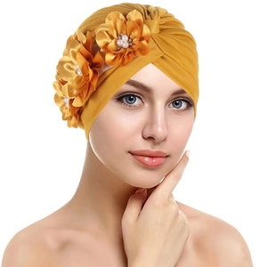 Women Turban Hat Pleated Headwrap With Flower Decor And Faux Artificial Pearl Fashion Headband Indian Style Elegant Cap