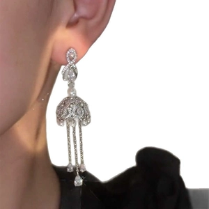 Silver drop earrings with white pearls and sparkling cubic zirconia tassels for women