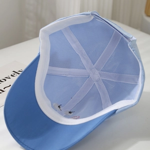Detail of light blue baseball cap showing breathable mesh lining and white sweatband