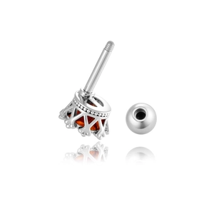 Silver titanium steel stud earring with orange crown-set gemstone and screw ball back