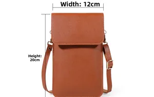Brown leather touchscreen phone bag detail showing dimensions width 12cm and height 20cm