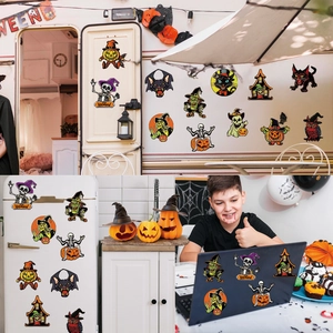 Detailed Halloween magnets featuring pumpkins and skeletons on fridge and garage doors
