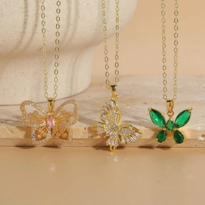 14K gold plated butterfly pendant necklaces with zircon and colorful glass stones
